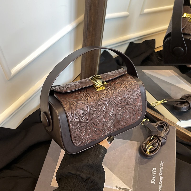 Vintage-Prägung-Umhängetasche für Damen, vielseitige Retro-Umhängetasche, quadratische Taschen, 2025, neue Handtaschen aus Leder mit großer Kapazität – Detail 15