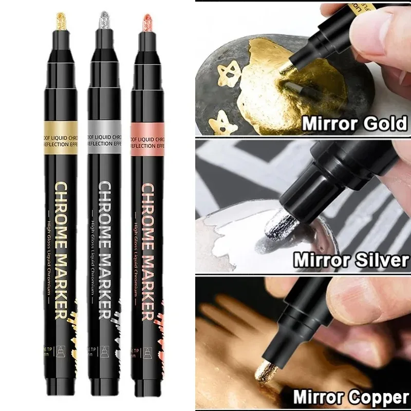 3 1Pcs Chrome Mirror Marker Silver Marker Liquid Pen For Cards Posters Rock Mugs Ceramic Glass