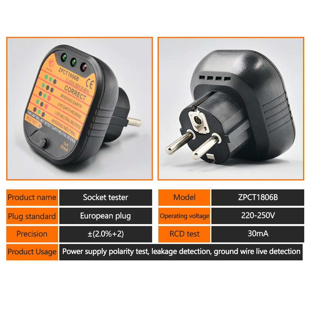 Tester Presa EU Con GFCI E RCD - Rivelatore Tensione 48-250V Per Spina A Muro, 7 Spie LED