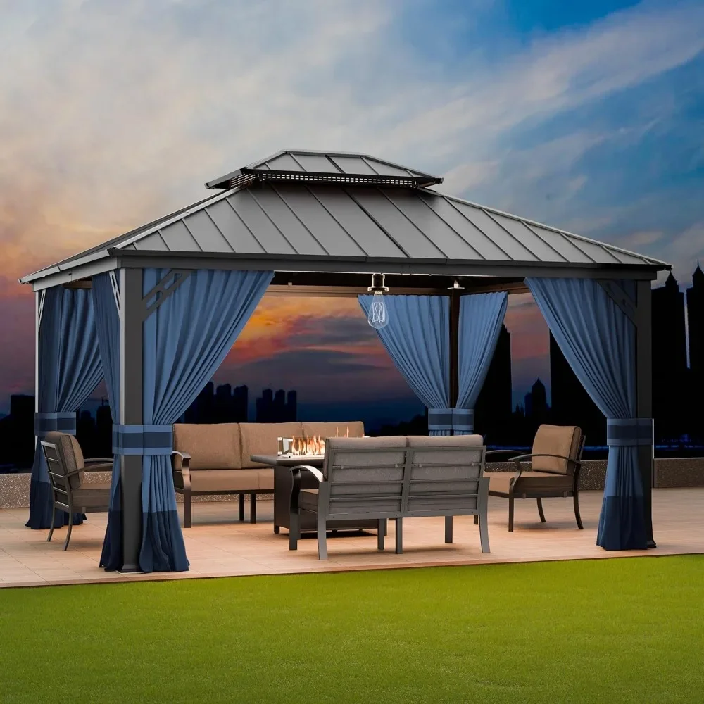 12’x14’ Outdoor Gazebo,  Aluminum Frame Permanent Gazebo Galvanized Steel Double Roof Pergola, Outdoor Gazebo