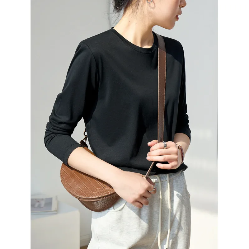 Mulberry Silk Cotton Long Sleeve T-shirt Women Round Neck V-neck Smooth Basic Loose Tops 3