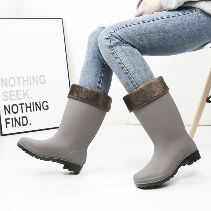 New Women Fashion Mid-calf Rain Boots Waterproof Solid Color Non-slip Rainboots Female Water Shoes Wellies Boots