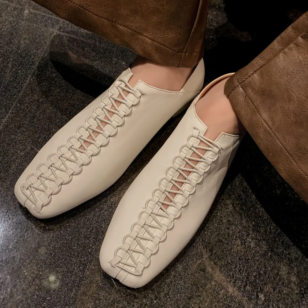 

Women's sheepskin square toe slip-on flats daily four season shoes elastic cross strap casual female espadrilles ballet shoes