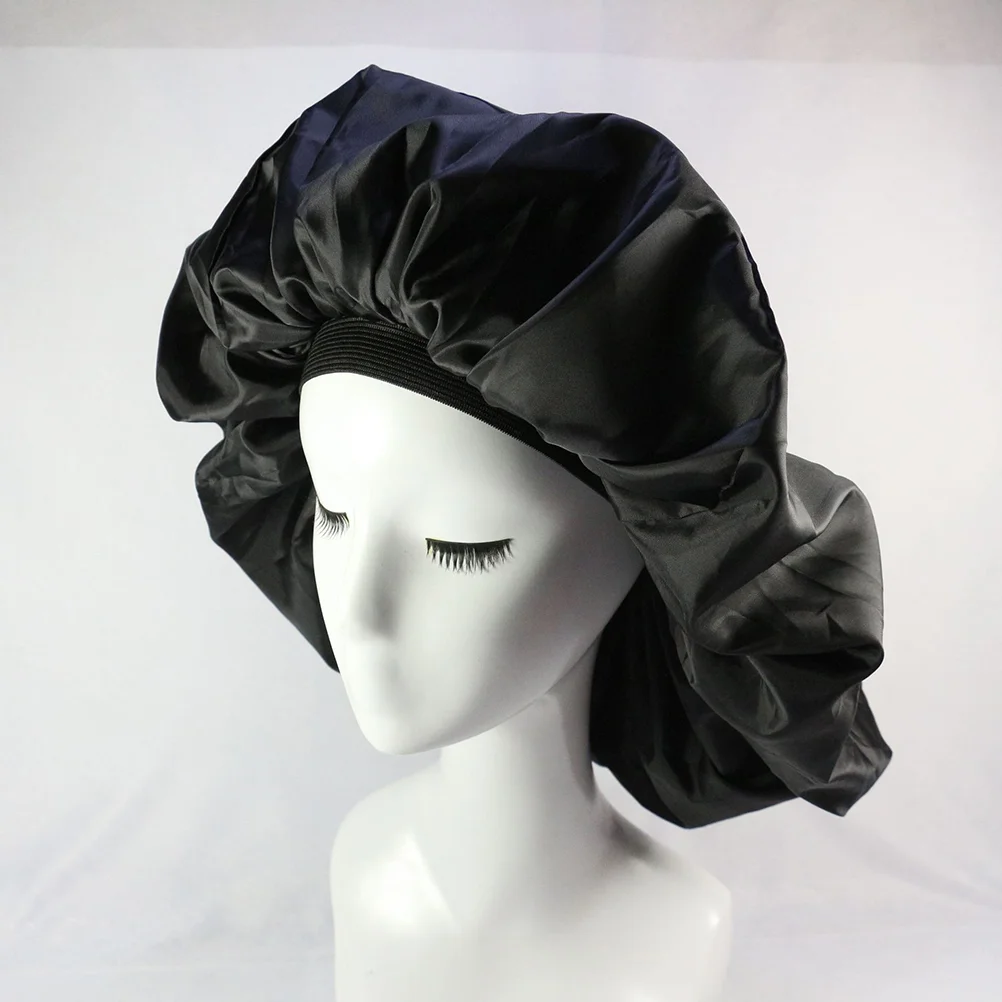 Extra Large Double Elastic Silk and Satin Sleeping Hair Organizing Hat (Black)