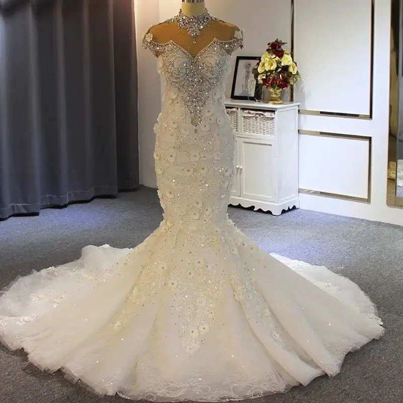 

Свадебное платье-Русалка со шлейфом, с бусинами в виде прекрасных кристаллов, с высокой горловиной, свадебное платье с открытой спиной и 3D аппликацией