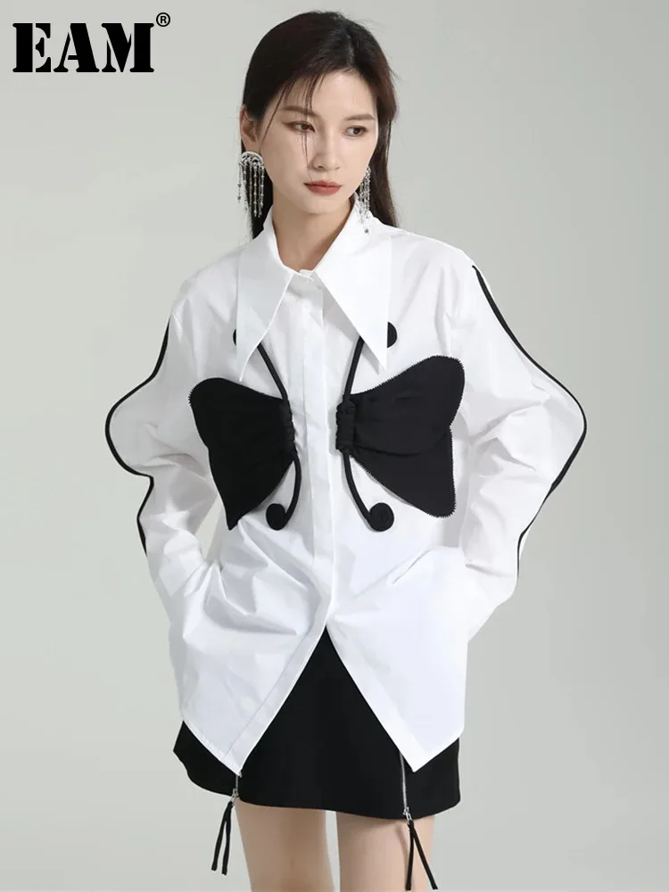

[EAM] Women White Bufferfly Color-block Blouse New Lapel Long Sleeve Loose Fit Shirt Fashion Tide Spring Summer 2024 1DF6753