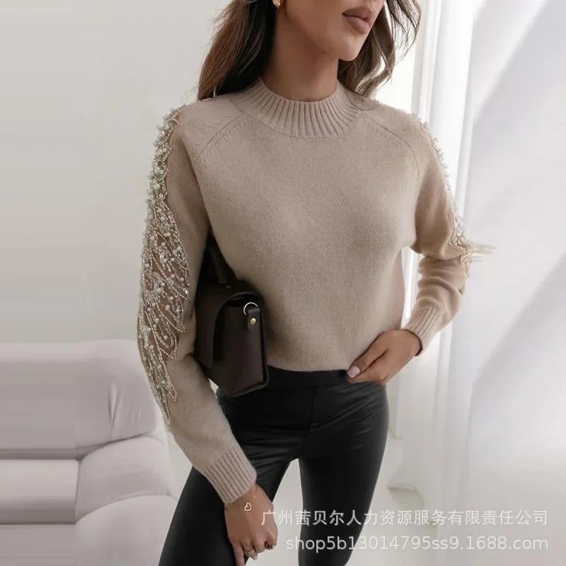 

Autumn Winter Long Sleeve Knitwear Pullover Women Contrast Sequin Beaded Sheer Mesh Patch Knit Sweater Top Y2K Chic Clothes