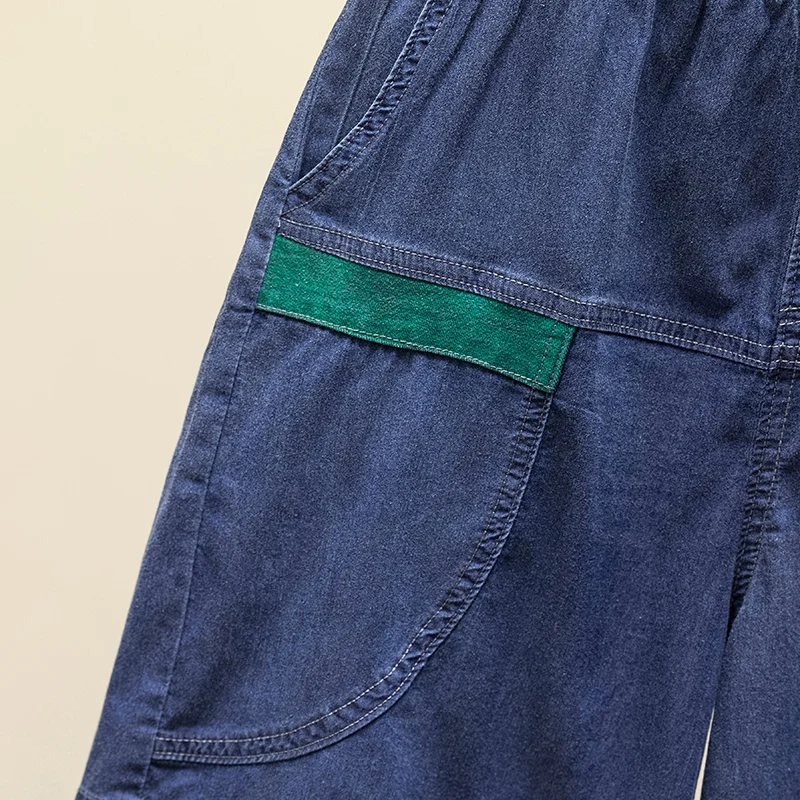 2024 Summer New Large Women's Minimalist Elastic High Waist Solid Color Patchwork Pocket Thin Loose Wide-leg Casual Denim Shorts