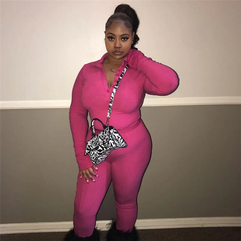 

Casual Sport Knit Rib Solid Tracksuit Women Autumn Sexy Button Long Sleeve Crop Top + Pants Skinny Streetwear Two Piece Set