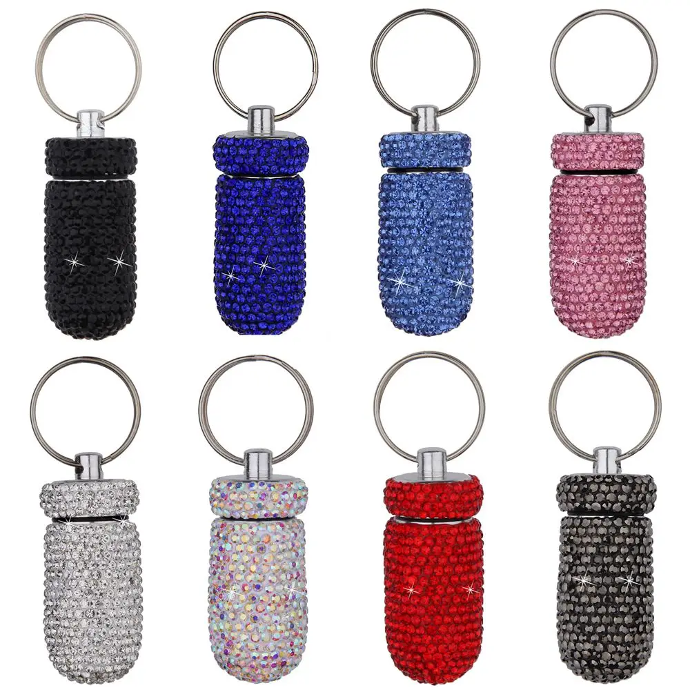 Women Crystal Granule Storage Box Waterproof Rhinestones Capsules Organizer Travel Pill Case Bling Medicine Bottle Key Ring