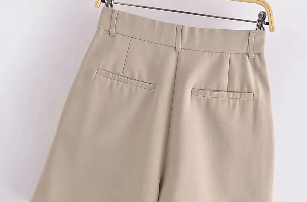 TRAF Women Fashion Side Pockets Linen Bermuda Shorts Vintage High Waist Zipper Fly Female Casual Short Pants Mujer Collocation