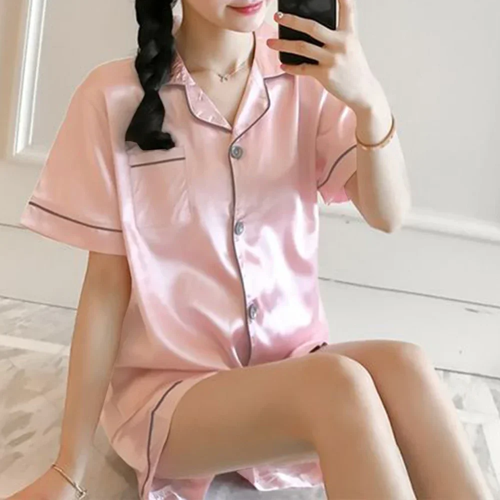 2024 Summer Casual Pajamas Suit Plus Size Women Loose Soft Short Sleeve Button Pockets Shirt +Shorts 2pcs Lady Lounge Home Wear