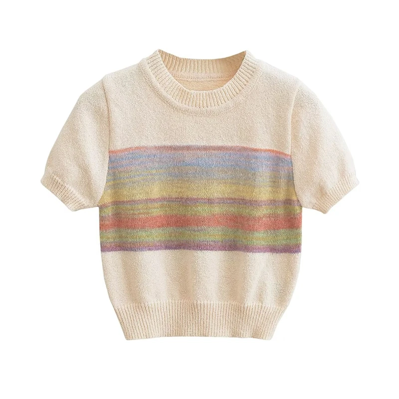 

2023 Summer New Round Neck Short Sleeve Color Striped Knit T-Shirt Stretch Slim Versatile Contrasting Color Short Knit Sweater W