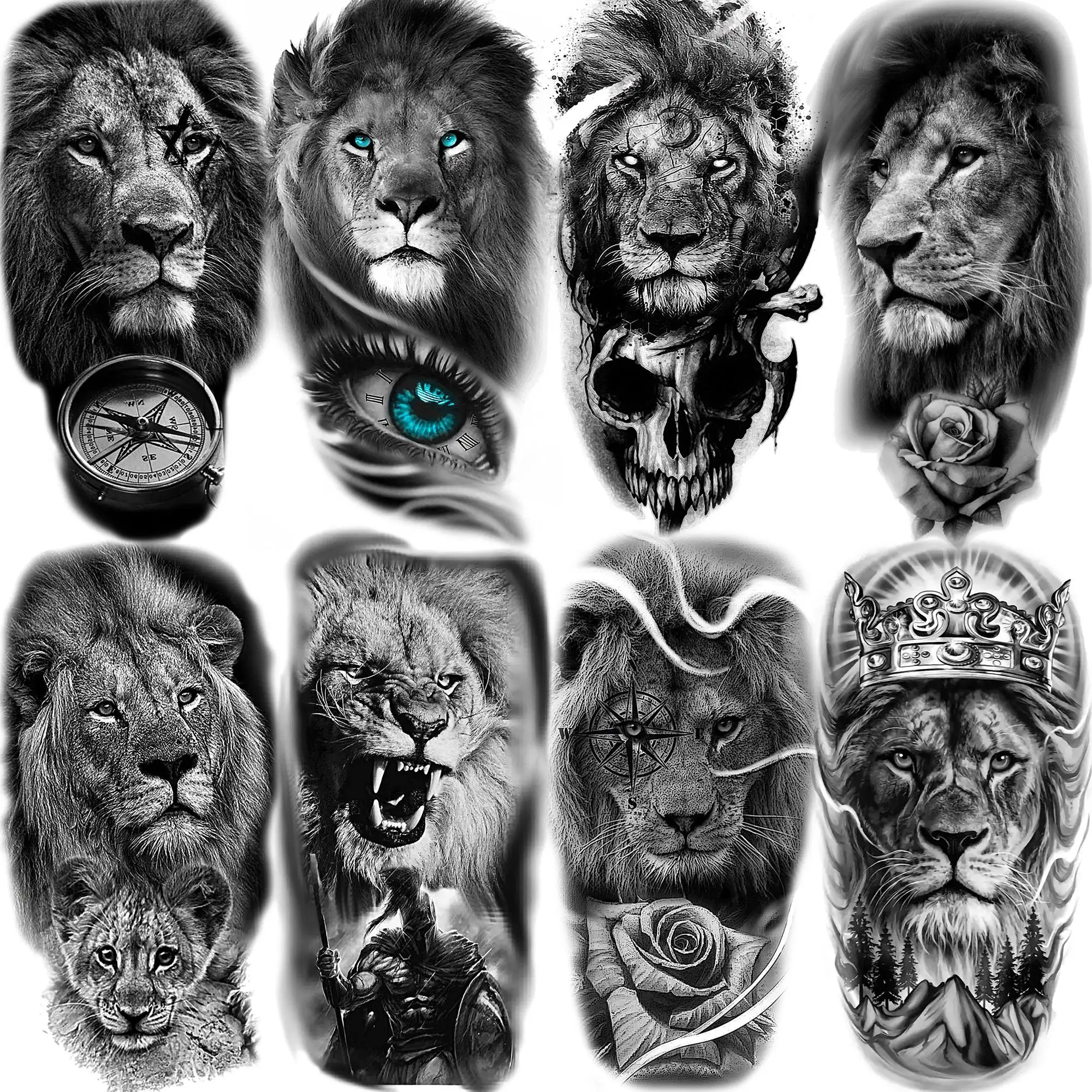 

8 Sheets Black Lion Temporary Tattoos For Men Adults Tribal Eye Fake Tattoo Stickers Black Spartan Warrior Washable Tatoos DIY