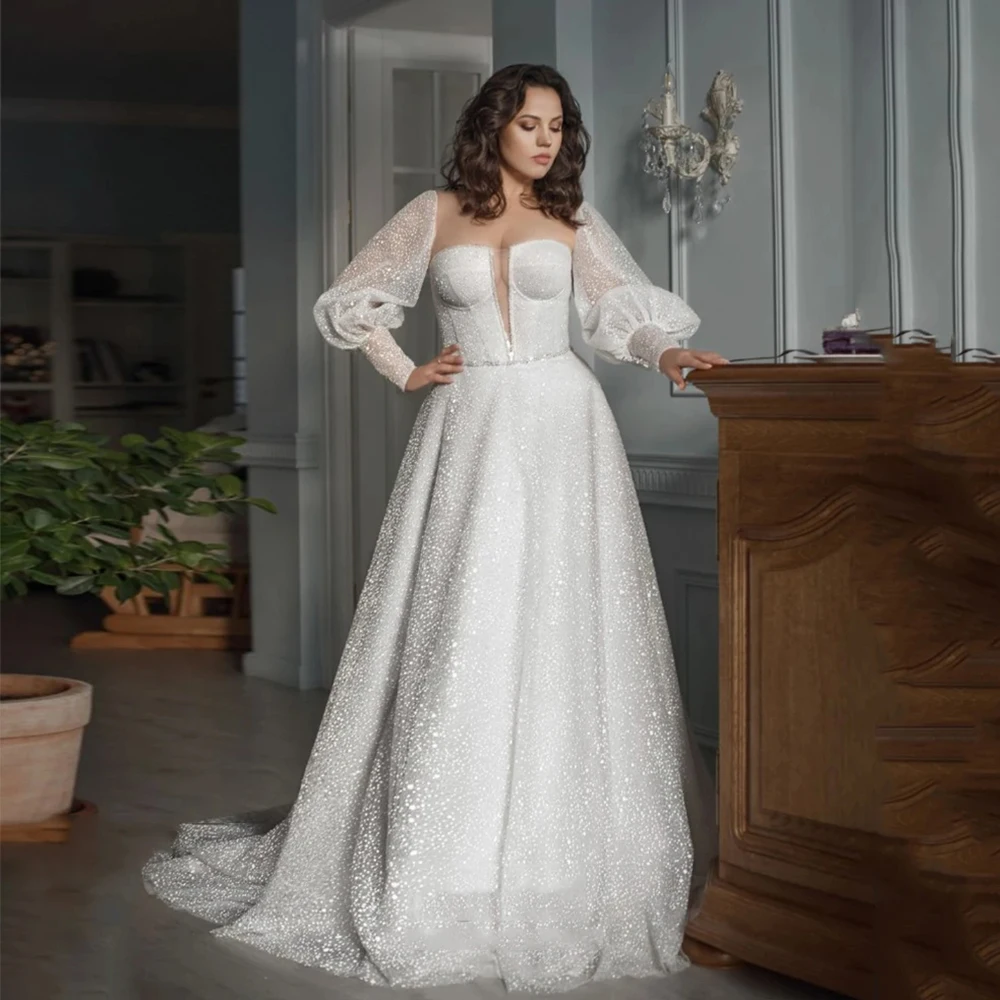 

Detachable Sleeve Wedding Dresses For Women Plus Size Sexy Strapless Zipper Bride Gown Tulle Sweep Train A-Line Vestido De Noiva