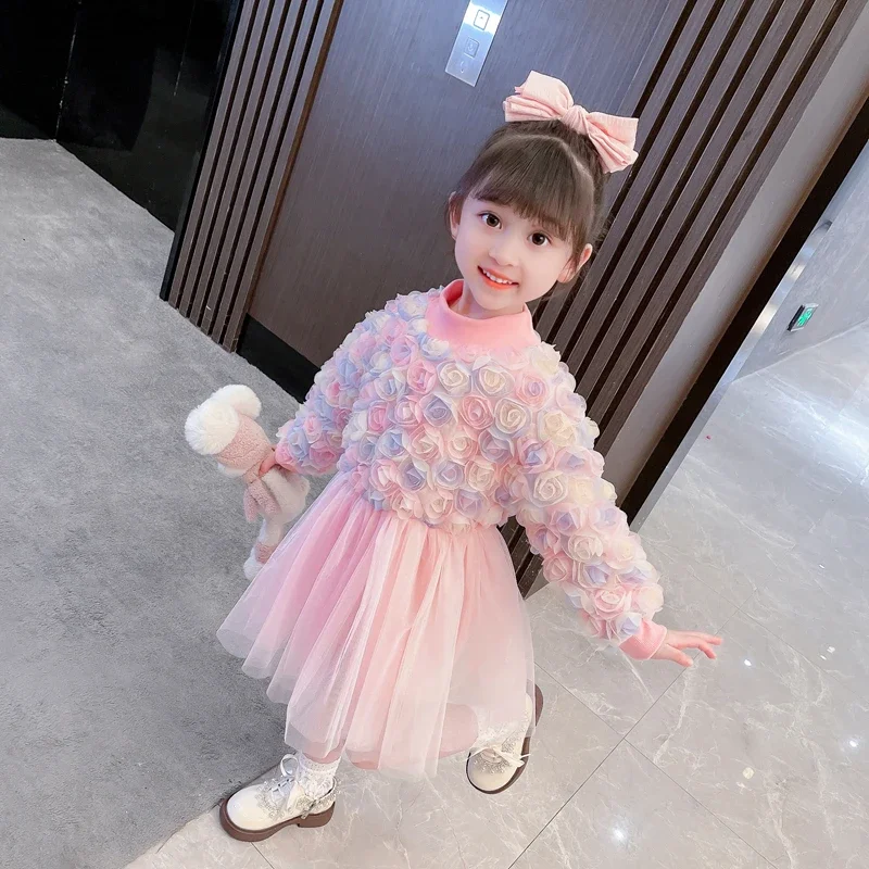 2023 Autumn Winter Baby Girls Dresses Birthday Party Floral Lace Princess Dress Children Casual Clothes 1-6 Years Kids Clothing