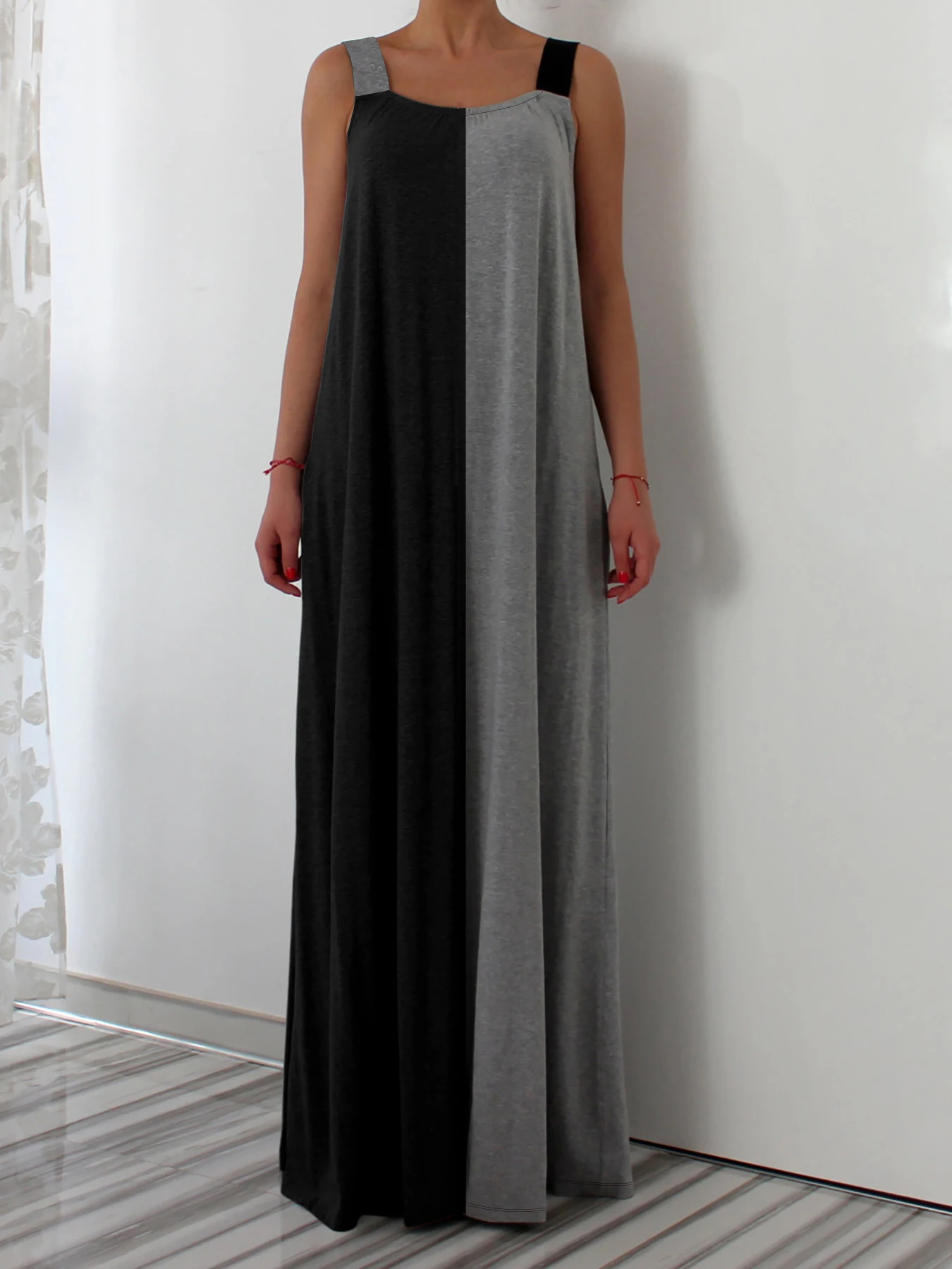 Women's Colorblock Straight Loose Dress Fashion Square Neck Pocket Strap Long Dress Holiday Sleeveless Ankle-Length Slip Dress 2