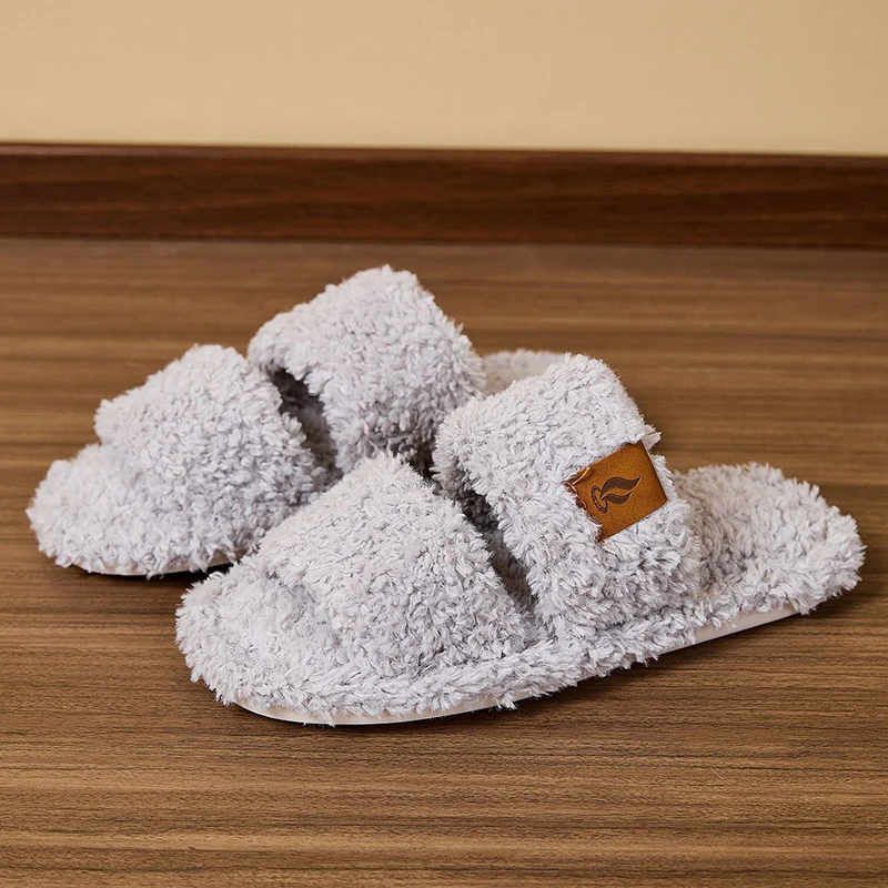 Autumn Winter Open Toe Fluffy Slippers Women Indoor Flat Heel Plush Slides Woman Comfortable Non Slip Home Fuzzy Slippers Female