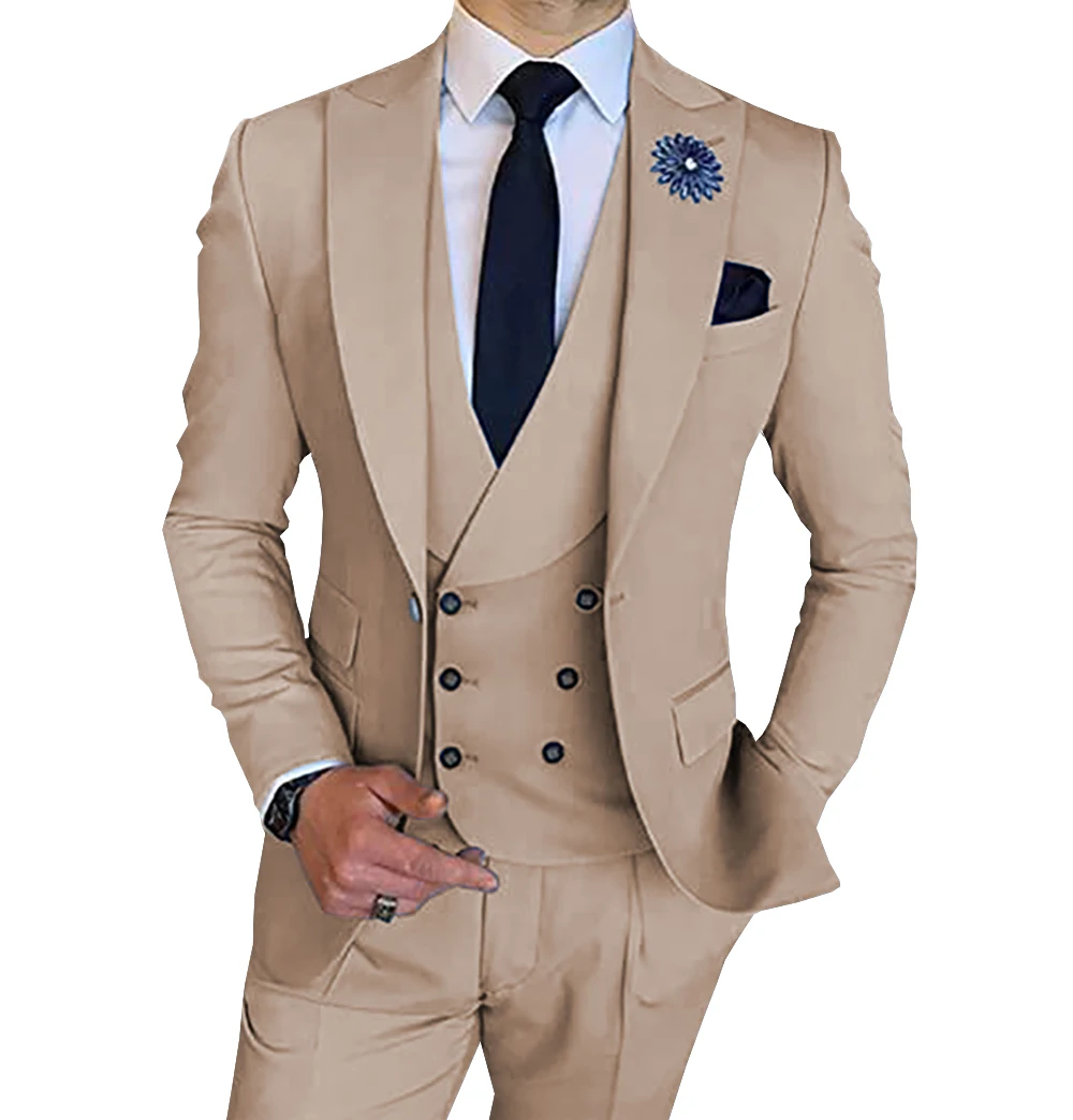 

XS-5XL Formal Men's Busines Casual 3 Pieces Blazer+Vest+Pants Slim Fit Jacket Coat Mens Flat Suit Groomsmen Suits Peak Lapel