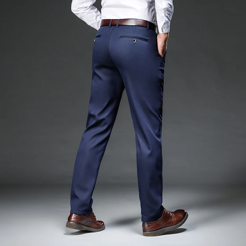 Men Winter Fleece Thick Warm Fit Straight High Waist Cotton Classic Business Casual Trousers