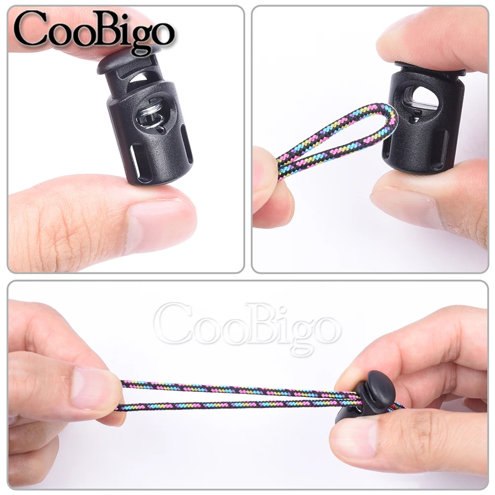 Plástico Cord Lock Stopper, Toggle Clip, Clamp para Paracord, corda de cordão, cordão cadarço, roupas, Black Single Hole, 50Pcs