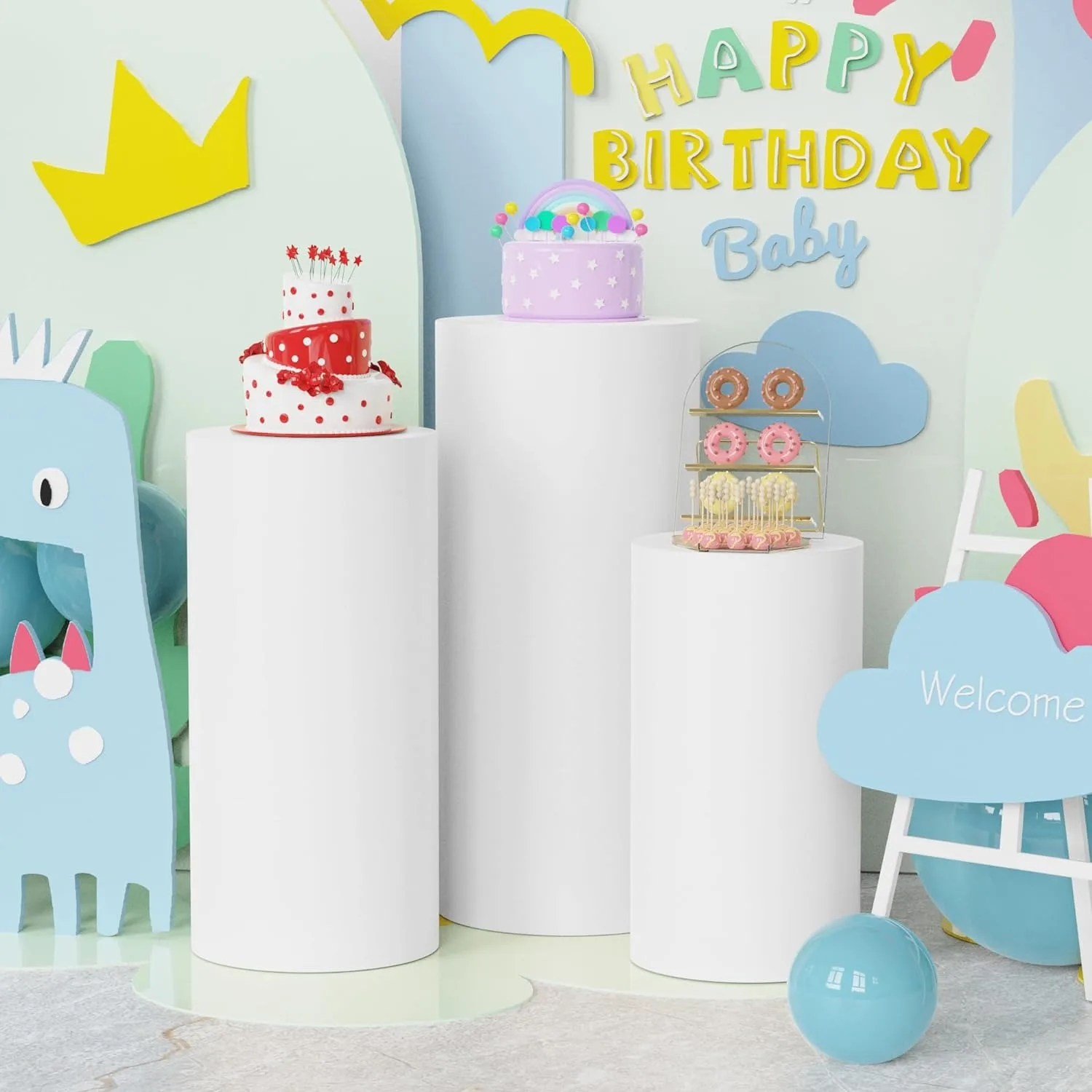 Spandex Cylinder Pedestal Covers White Pink Beige Color Wedding props Elastic Spandex Fabric Dessert Stands Cover 5PCS&3PCS cylinder covers