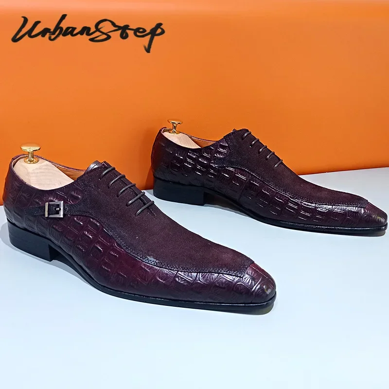 Top Selling Men Oxford Shoes Lace up Split Toe Brown Black Mens Dress Shoes Suede Mix Crocodile Print Leather Shoes Men