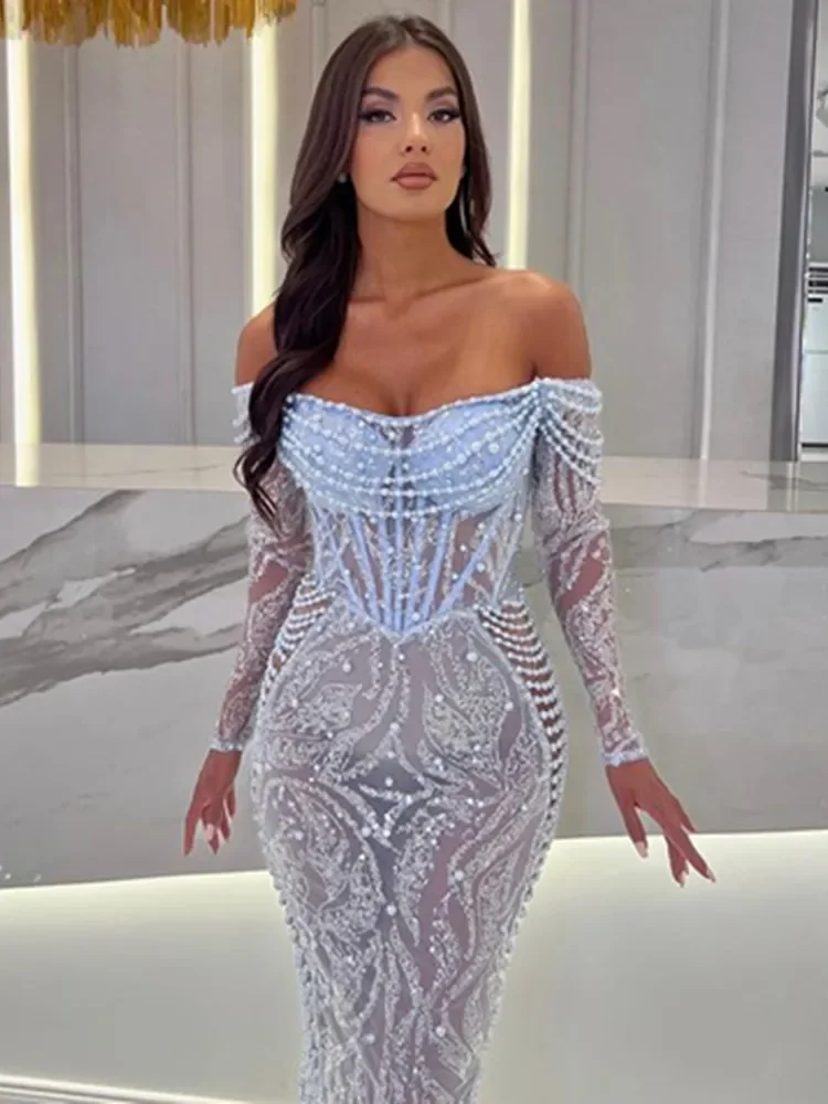 

Dress Party Evening Elegant Luxury Celebrity Sky Blue Strapless Long Sleeve Pearl Sequines Beading Embroidery Knee Length Gowns