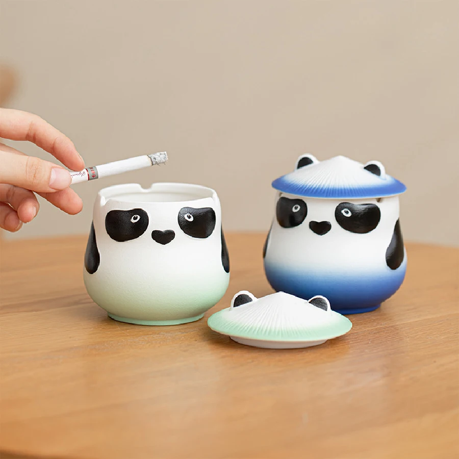 Panda Ceramic Ashtray with Lid Creative Personality Windproof and Fly Ash proof ceramic ashtray
