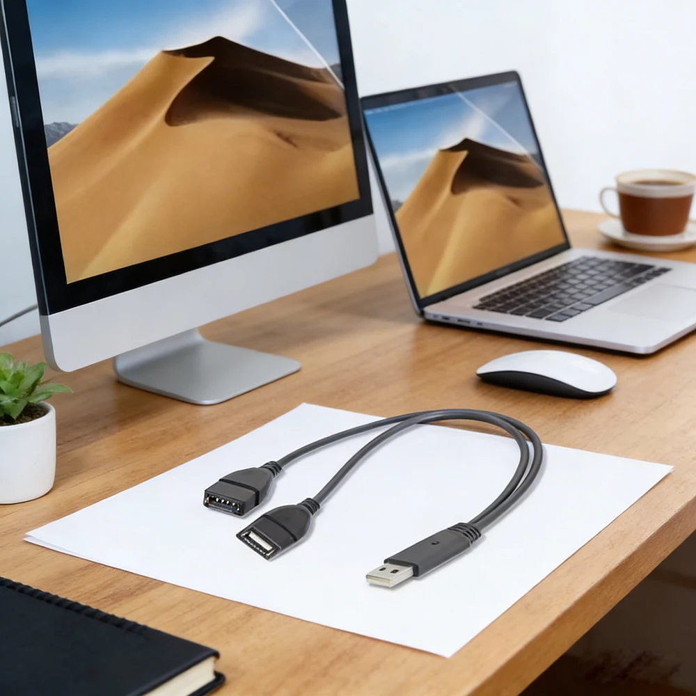 Dual-Port USB 2.0 Y Splitter Cable - Enhanced Data & Power Adapter