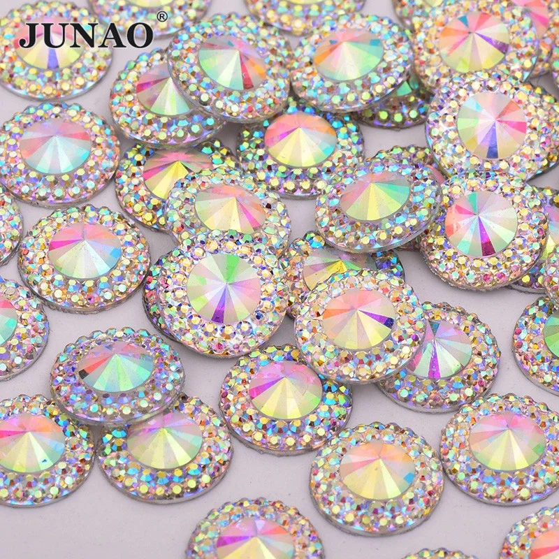 JUNAO 8 10 12 18 20 30 40mm Large Crystal AB Rhinestone Applique Flat Back Cabochon Stones Resin Crystal Strass Crafts
