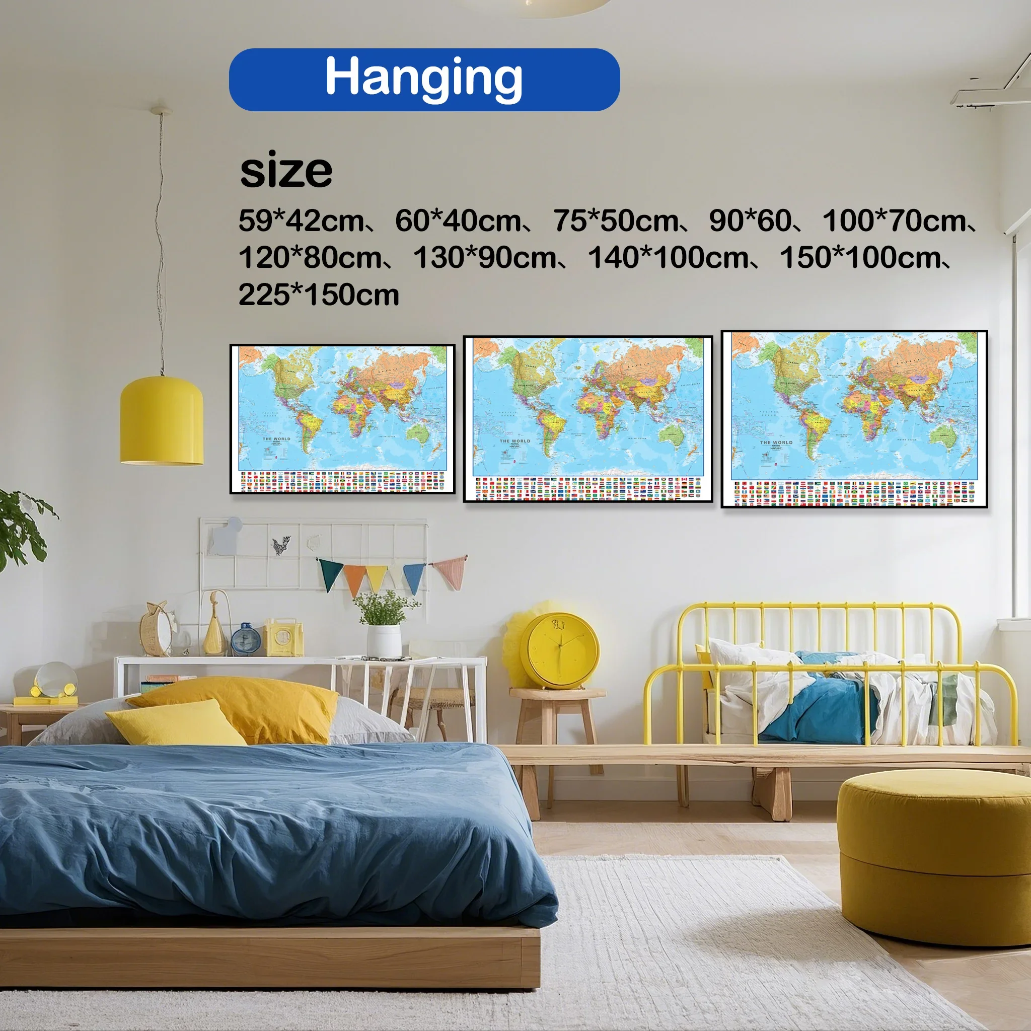 Multi-Size World Map in English- Educational Map for Kid Large Poster Print Wall Art Non-woven Backdrop Cloth School Supplies