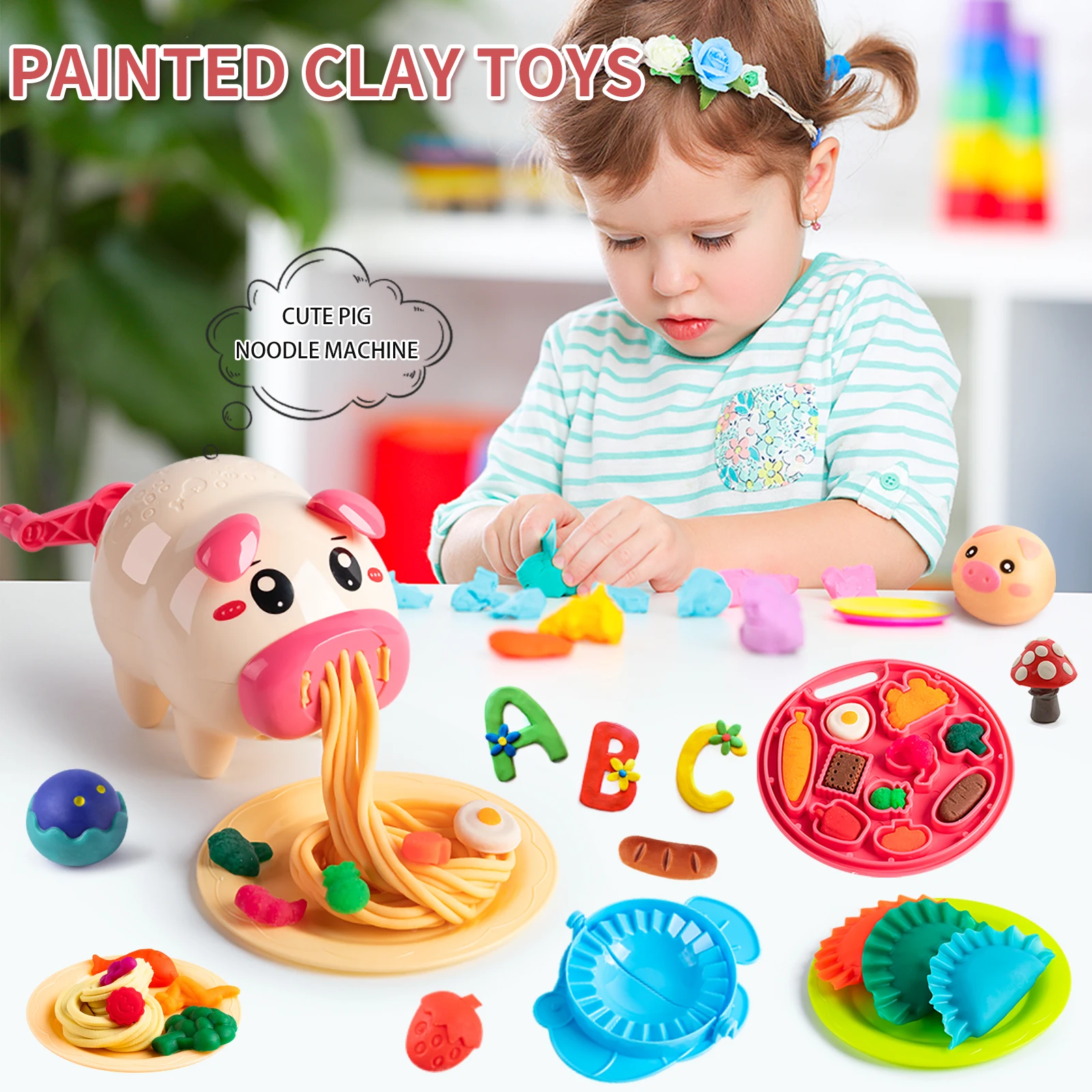 Cartoon pig noodle maker clay set toys multiple molds knife fork