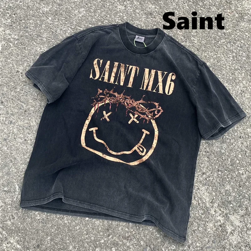 

2024 Saint T-shirt Men American style Vintage Cotton Round Neck Printing vintage Style Loose fitting Top Quality tie-dye