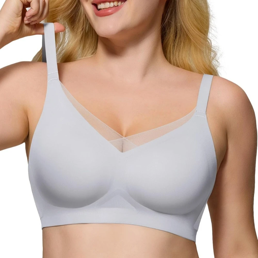 Womens Bra No Underwire Seamless Wireless Bra with Soft Support V Neck Mesh Bras Lace Bralette Everyday Bra