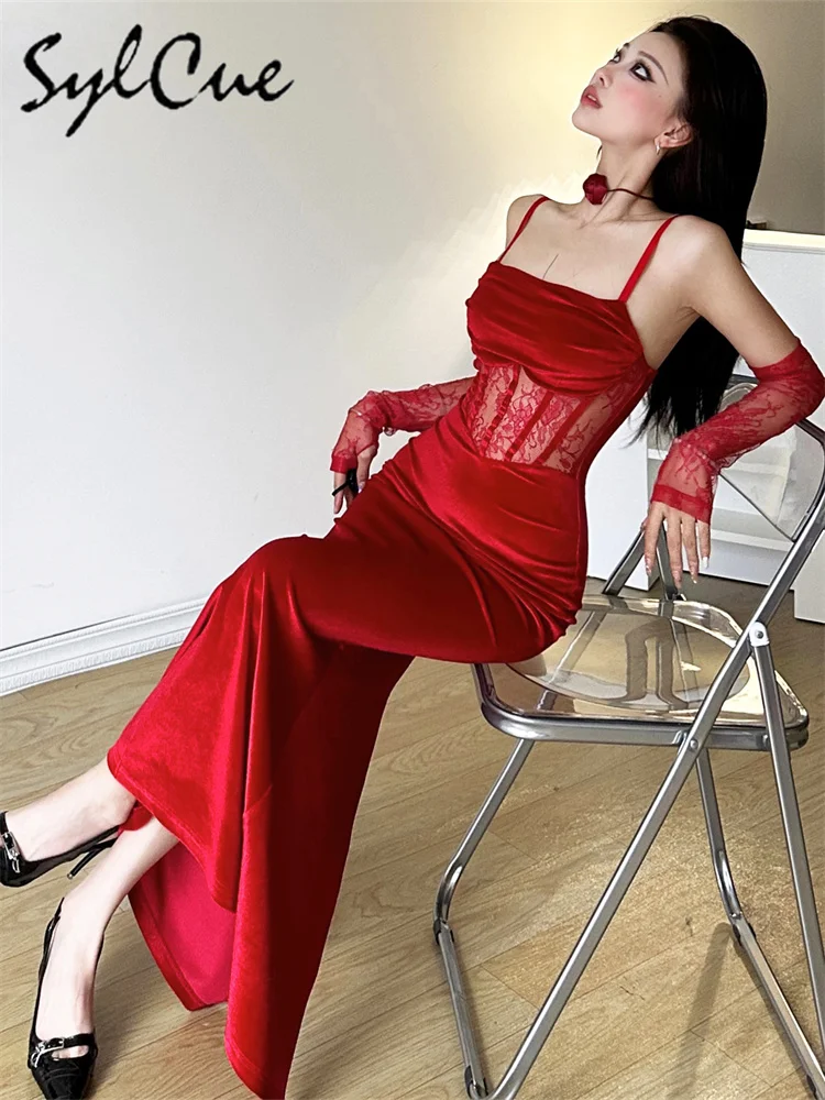 Elegant Lace Sling Dress with Sleeves - Winter Formal Party Dress