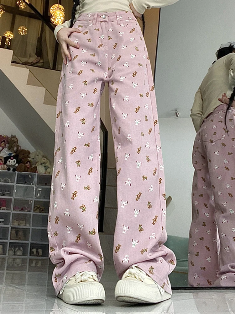 

2024 Summer Woman Large Size High Waist High Street Wide Leg Jeans Female Dopamine Pink Bear Printed Washed Loose Denim Trousers