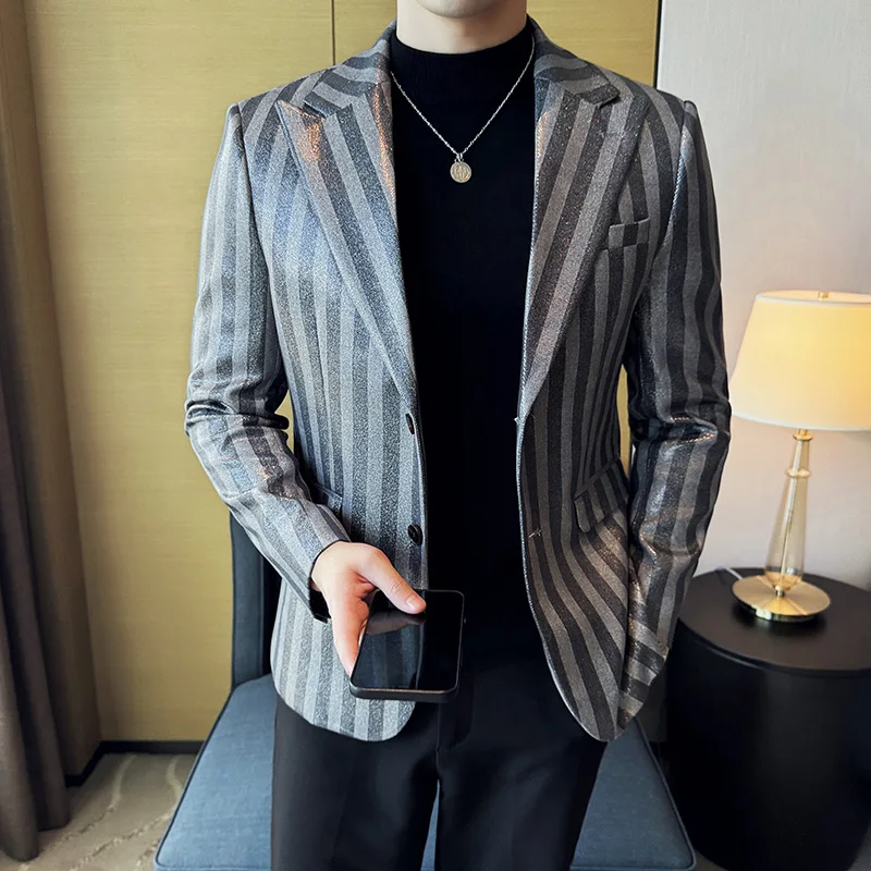 Striped Suede Suit Jacket Men Slim Fit Casual Business Blazers Korean Version Wedding Banquet Formal Jacket