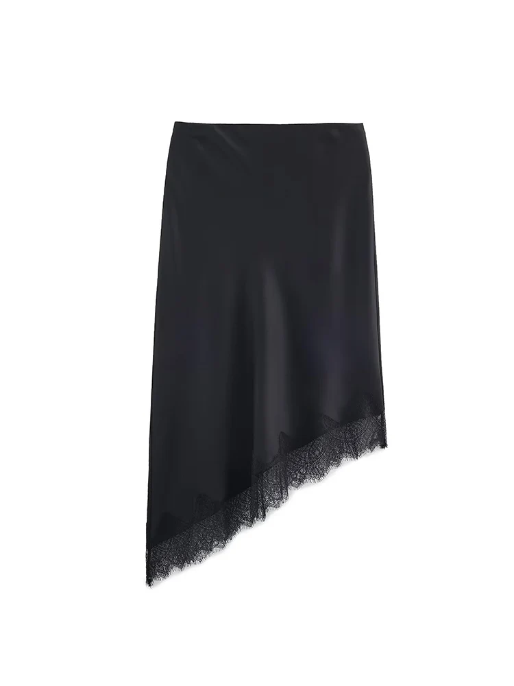 Summer New Women Satin Midi Skirts Simple Fashion Asymmetrical Lace Spliced Skirts Chic Elastic Waist Casual Irregular Skirt