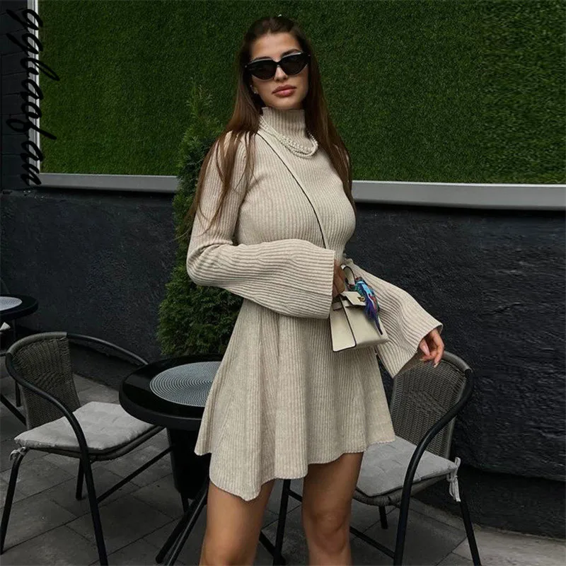 

Ggbaofan Elegant Knitted A-Line Mini Sweater Dress Outfits For Women Sexy Turtleneck Flare Sleeve Dresses Solid Fall Winter