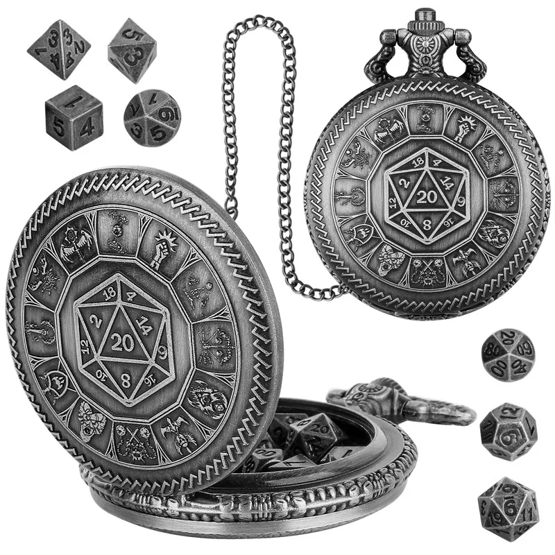 7 x Metall-Polyeder-Würfel im Retro-Taschenuhr-Design mit FOB-Kette, Tisch-Rollenspiel-Drachen-Gaming-Zubehör, Würfelset – Detail 5