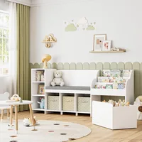 67" Kids Reading Nook with Bench, Kids Bookshelf and Bookcase with Seat Cushion and 6 Storage Cubbies, Toy Storage Box on 1