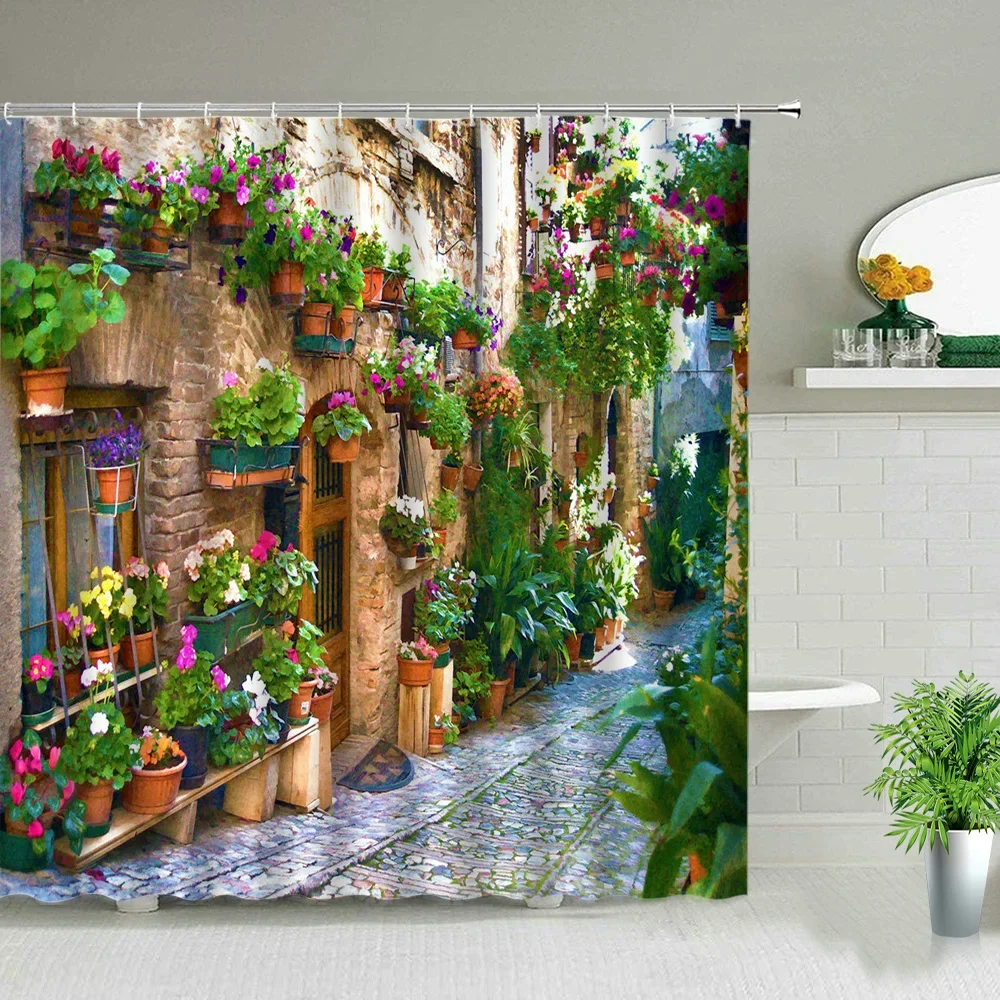 

Street Building Scenery Shower Curtains Flowers Plant Retro Old Door Spring Rural Bathroom Curtain Background Wall Decor Cloth