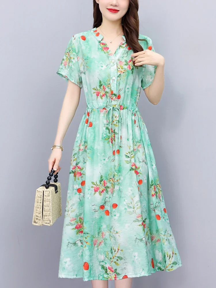 

New Fashion Casual Summer Dresses For Women 2023 V-Neck Print Vintage Short Sleeve Dress Loose Party Women Clothing