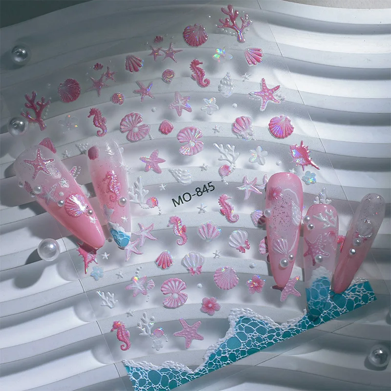 3PCS 바다 불가사리 조개껍질 3D 네일 스티커 세트 유리 바다 물결 산호 네일 슬라이더 여름 휴가 해변 파티 네일 용품
