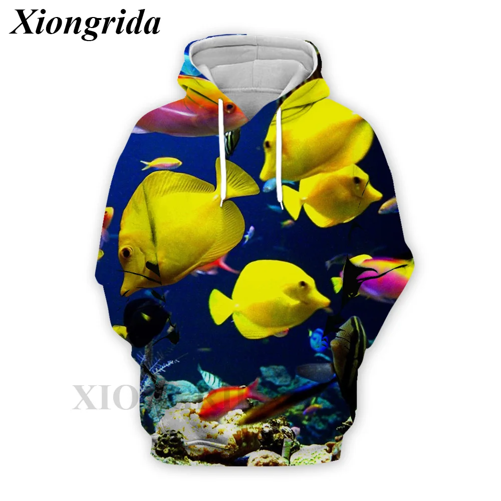 Fashion Fish Print Hoodies Men Casual Long Sleeve Tropical Fish All Over Print Sweatshirts Harajuku Unisex Sports Hood Top Stree