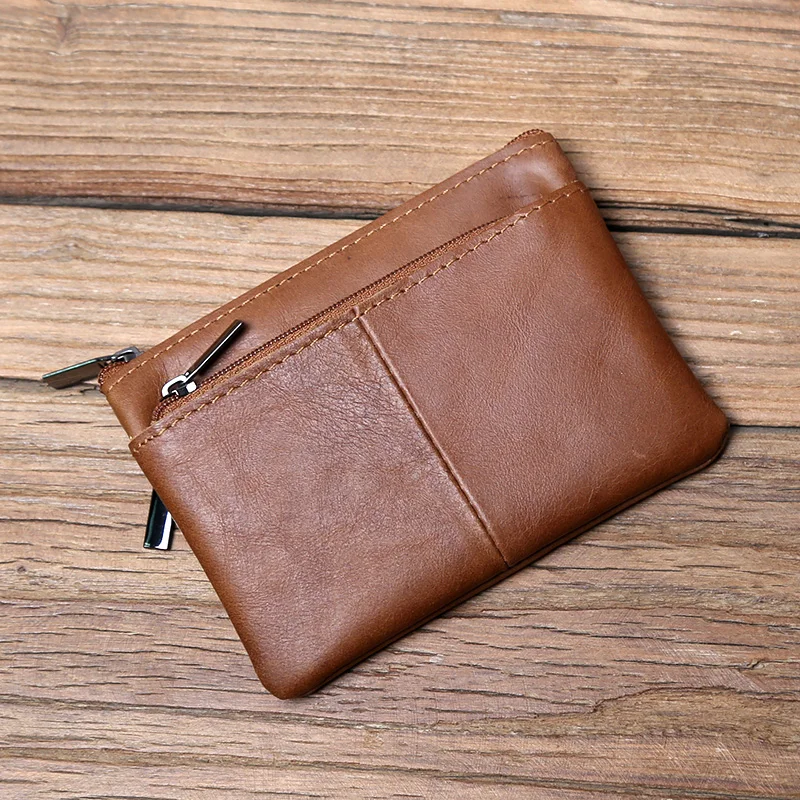 

Small Bag Genuine Leather for Men Handmade Change Credit Card Holder for Women Ultra Thin Key Coin Cards Cases 3 Zipper Pouches