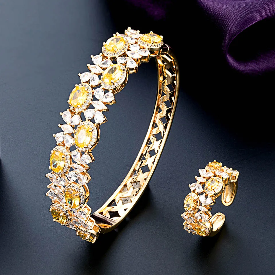 

Zlxgirl Mixed Colorful Cubic Zircon Wedding Bangle And ring Jewelry set Luxury Trendy Saudi Arabia Bangle Ring bridal accessory