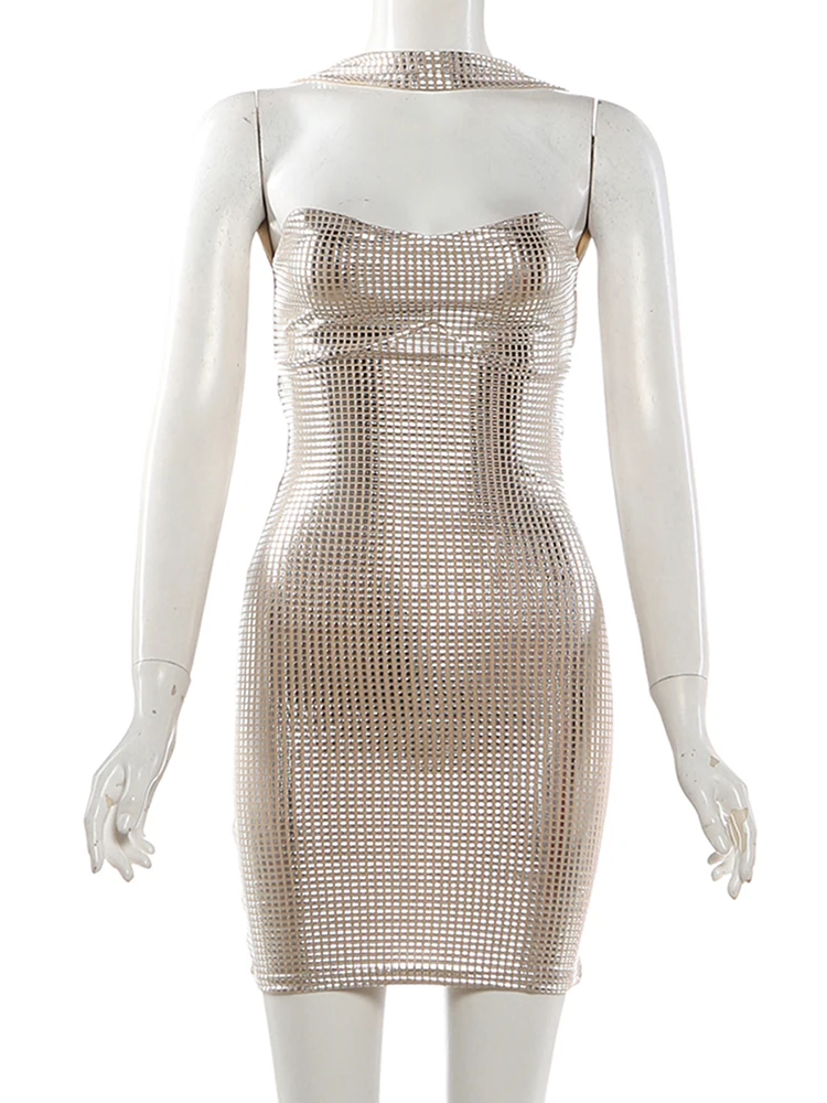 Nibber Slash Neck Dress Women Classic Elegant Sleeveless Birthday Party Banquet Peach Hip Sexy Rhinestone Backless Bodycon