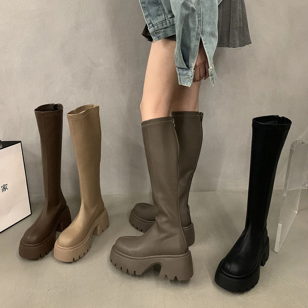 

2023 Platform Brown Long Boots for Women Autumn Winter Thick Sole Knee High Knight Boots Women's Solid Color Zip Shoes